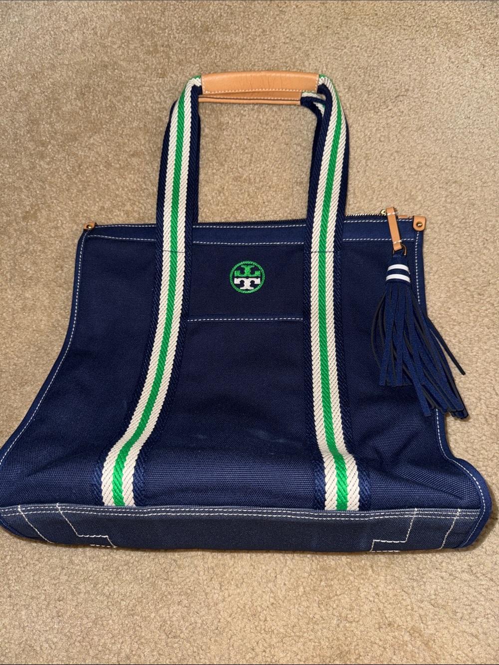 ⭐️ TORY BURCH - Navy Tote with Green and White Striped Handles